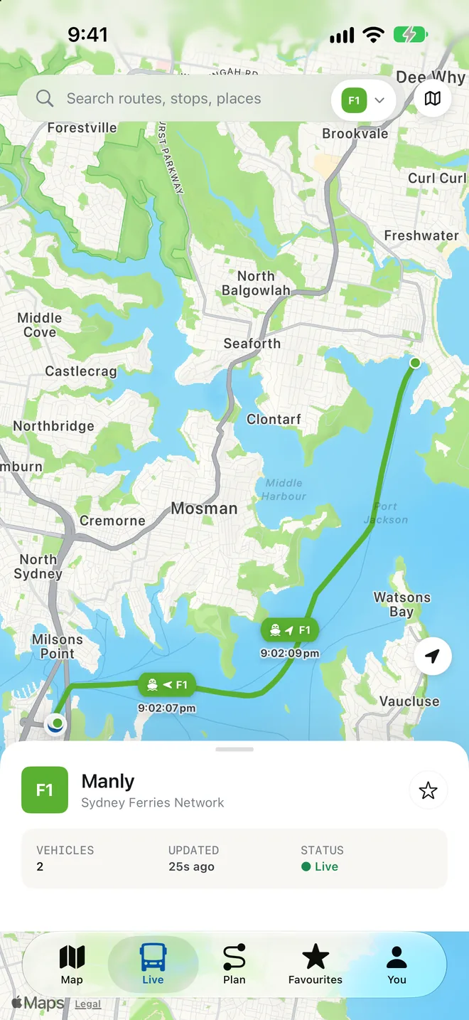 The Live map following the F1 Manly ferry, with two ferries crossing Sydney Harbour.