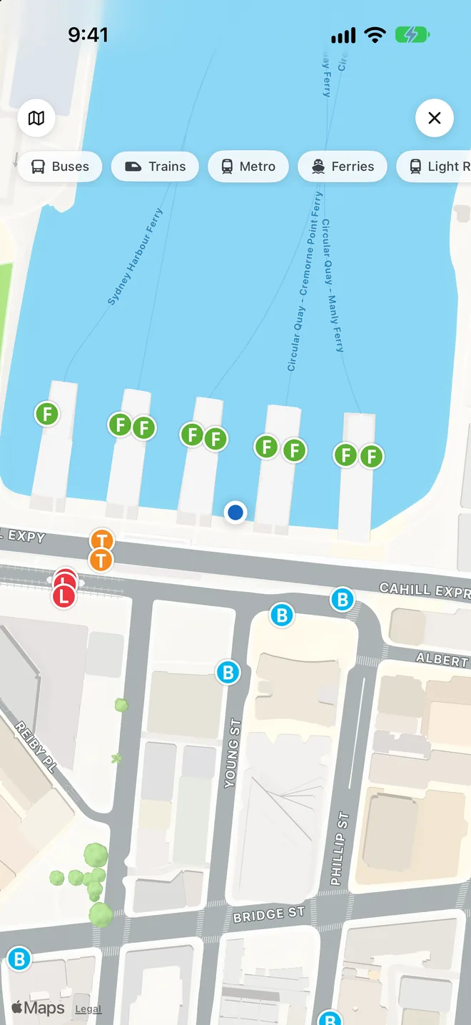 The stop map at Circular Quay: ferry wharves, the train station, light rail and bus stops, each marked by mode.