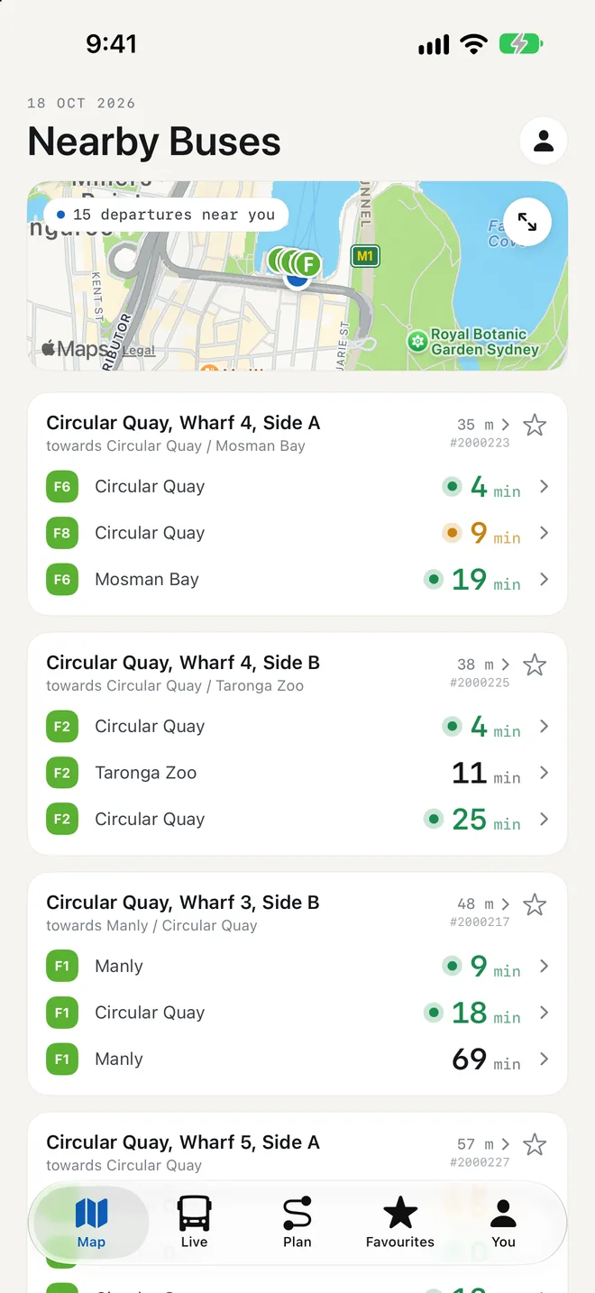 The Nearby screen at Circular Quay: ferry wharves listed by distance, each with its next departures.