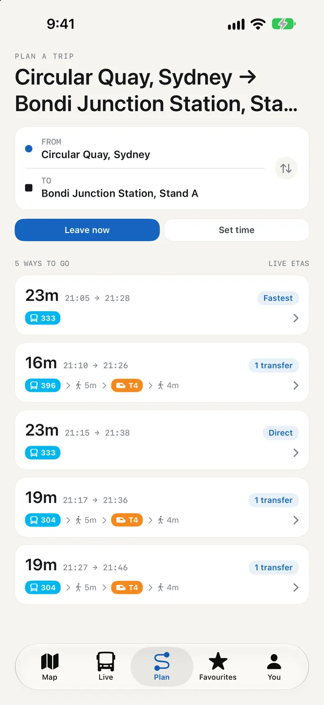 The trip planner showing five ways from Circular Quay to Bondi Junction by bus and train.