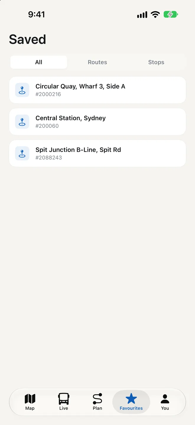 The Saved tab listing three starred stops: Circular Quay Wharf 3, Central Station and Spit Junction.